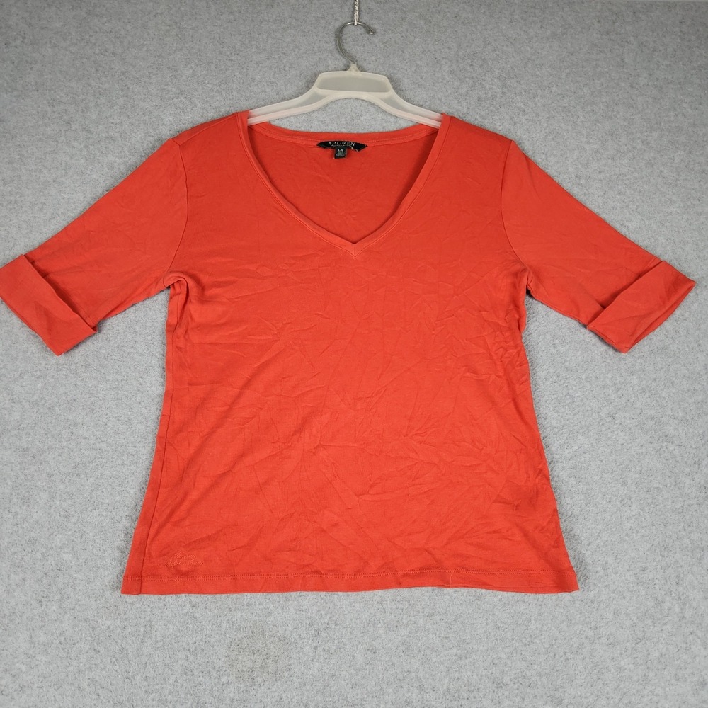 Lauren Ralph Lauren T-Shirt Womens Large Orange Cotton V-Neck Cuffed Sleeve Tee